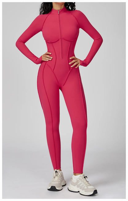 Sexy Rompers Workout Zipper Jumpsuit Long Sleeves Sports Bodysuits Women Gym Running Fitness Suits Gym Tracksuit Sportswear