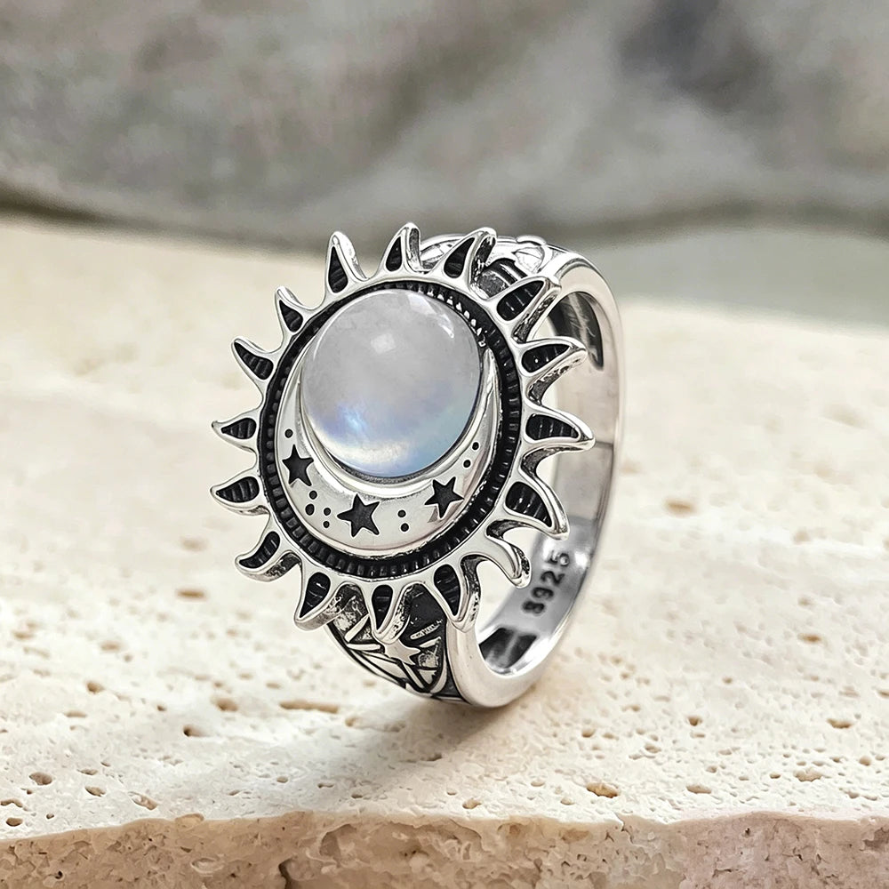 925 Sterling Silver Natural Moonstone Ring 8MM Bohemian Star Sun Moon Shape Ring Gothic Punk Style Party Gift for Women Men