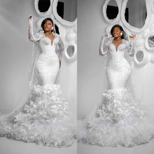 Luxury Mermaid Wedding Dress Beads Pearls Long Sleeve Ruffles Train Bridal Gowns Dubai Elegant Customized