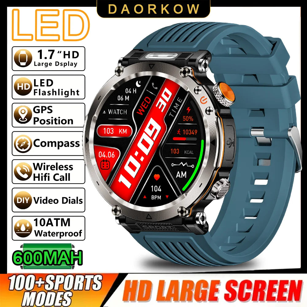 DAORKOW 2026 New Model 10ATM Waterproof 600mAh Smartwatch Compass LED Flashlight Bluetooth Call Outdoor Sports Smartwatch