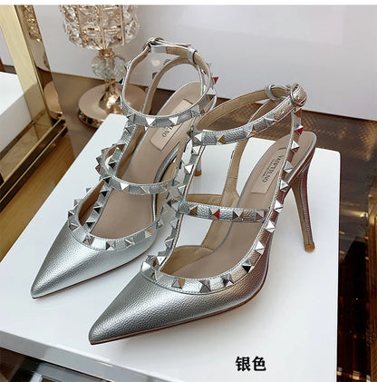 Women's Gladiator sandals Summer 2026 Luxury With Ankle Strap Pointed Toe Fashion Rivet High Heels Party Ladies Shoes Women 10cm