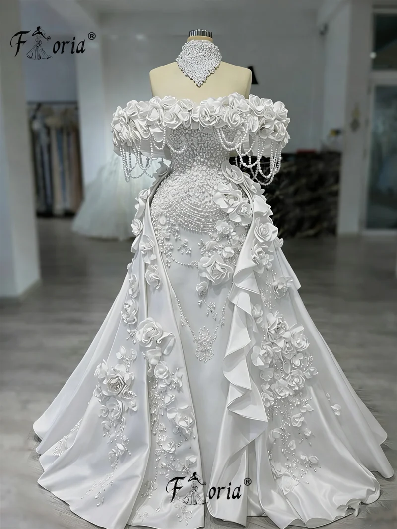 Luxury White Pearls Wedding Dresses With Detachable Train Beads Flowers Mermaid Formal Party Gowns Customized Vestidos de Gala