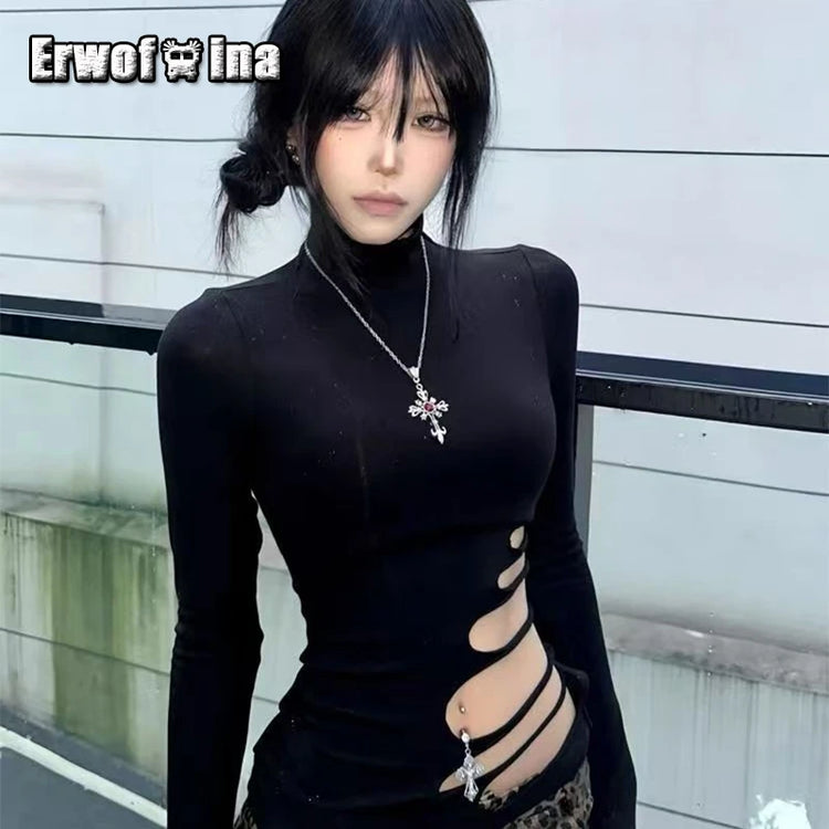 Erwofeina Hotsweet T-shirt Hollow Out Slim Long Sleeve 2000s Clothes Y2k Korean Fashion Woman Clothing Turtleneck Chic  Tops
