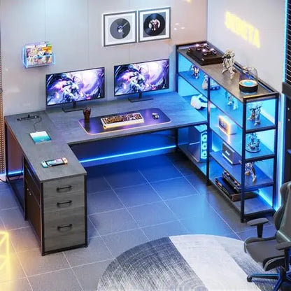 L Shaped Gaming Desk, Reversible U Shaped Computer Desk with Power Outlet and Storage Shelves, Corner Gaming Desk with