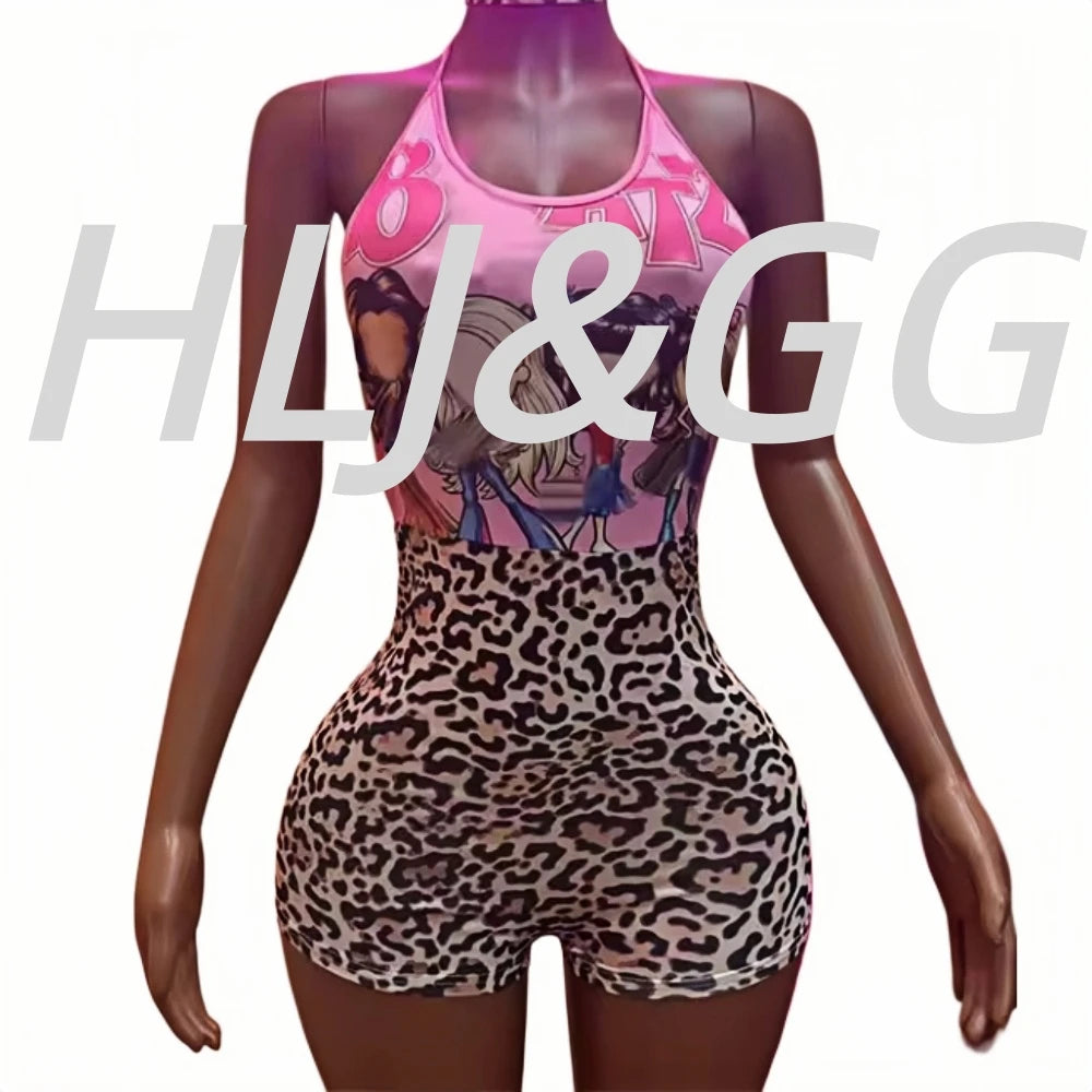 HLJ&GG Sexy Pattern Print Halter Bodycon One Piece Rompers Women Deep V Sleeveless Backless Slim Jumpsuits Fashion Trend Overall