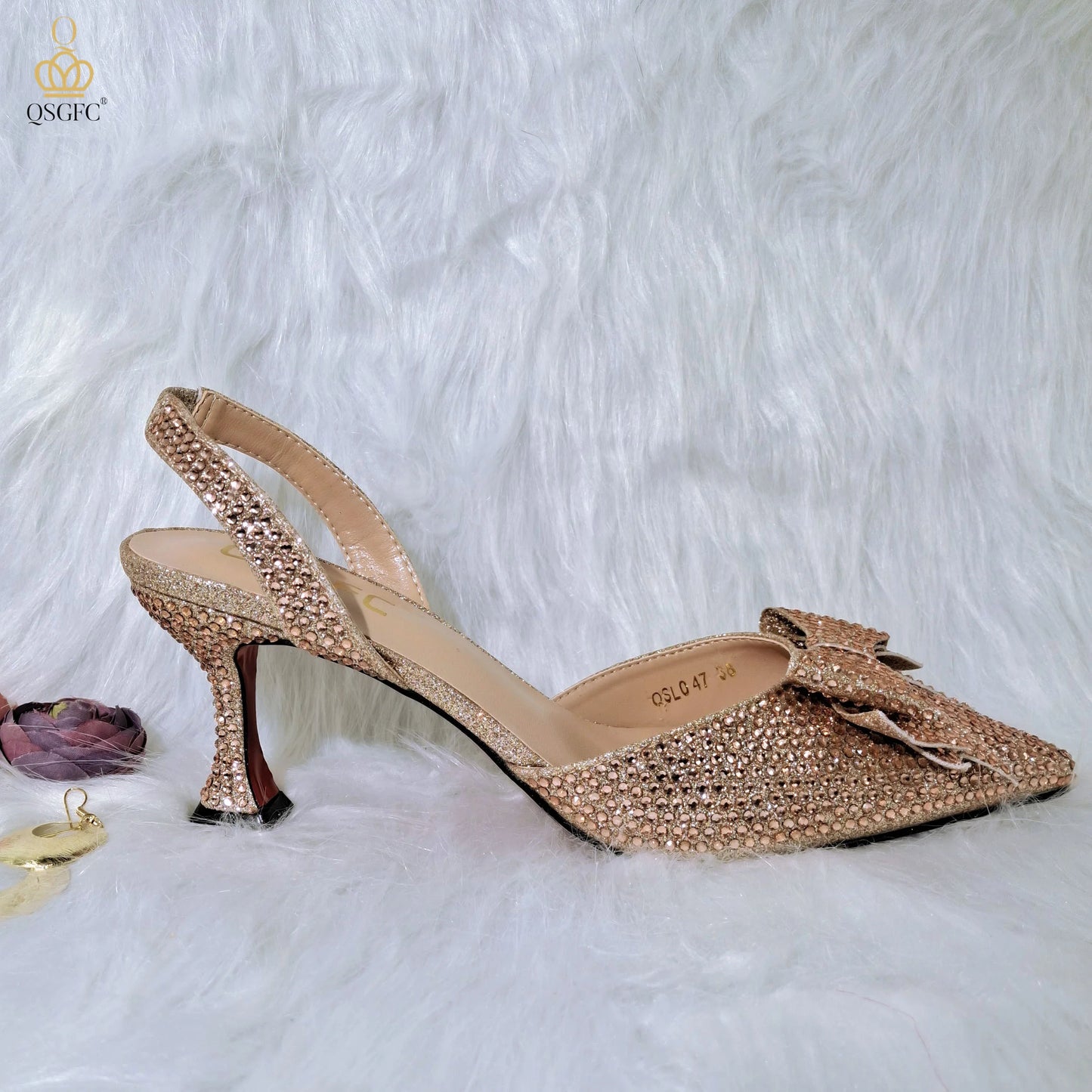 QSGFC Crystal Decoration Style Wine Glass Heel Shoes Friends Party Shoes Nigerian Fashion Peach Ladies Shoes And Bag For Party
