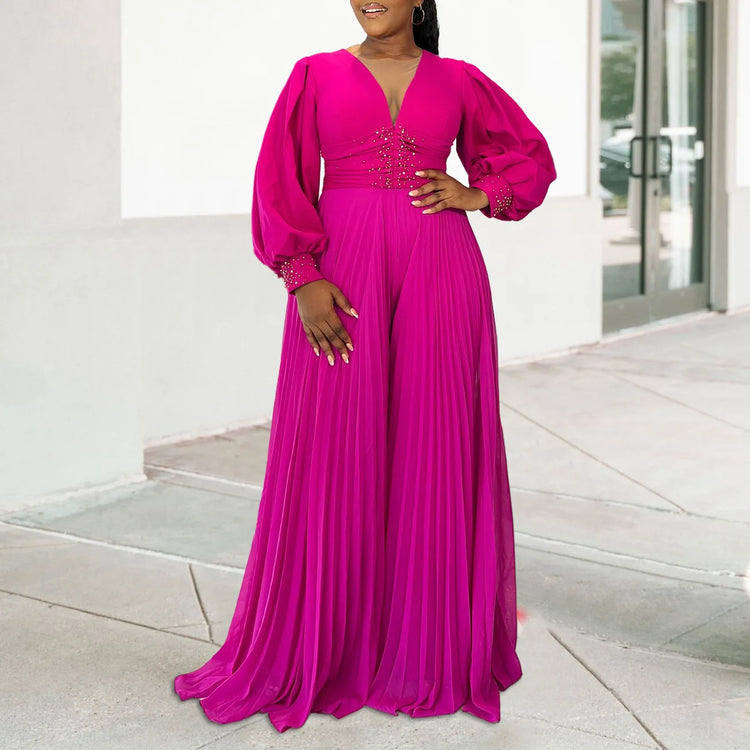 CM.YAYA Women Diamonds Long Sleeve Pleated V-neck Wide Leg Long Jumpsuits Party Beach Fashion Street Sexy Africa Outfit Rompers