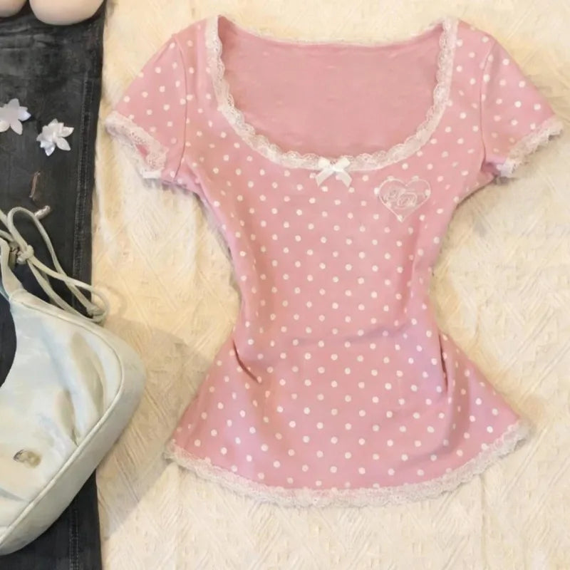 Matakawa Y2k Clothes T Shirt for Women Spring Summer Japanese Style Ropa De Mujer Polka Dot Vintage Sexy Short T-shirts