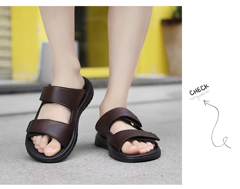 Mens Leather Slippers Comfortable Breathable Summer Big Size Sandals for Men with Soft Sole