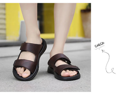 Mens Leather Slippers Comfortable Breathable Summer Big Size Sandals for Men with Soft Sole