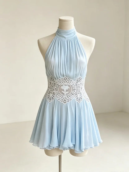 Light Blue Halter Neck Pleated Mini Dress Lady Sleeveless High Waist Hollow Lace Short Vestidos Summer Women's Vacation Outfit