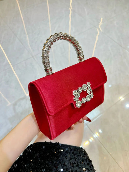 Rhinestone Faux Silk Emerald Evening Bag Silver Diamond Buckle Handle Fashion Handbags Elegant Ladies Square Bolsa Feminina