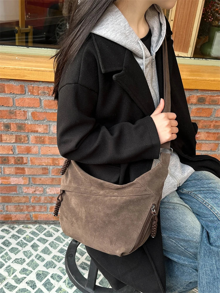 Retro Crossbody Messenger Bags For Women Faux Suede Pure Color Big Capacity Shoulder Hobo Bag 2025 Winter Latest Ladies Handbags