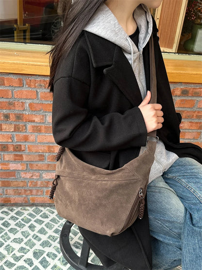 Retro Crossbody Messenger Bags For Women Faux Suede Pure Color Big Capacity Shoulder Hobo Bag 2025 Winter Latest Ladies Handbags