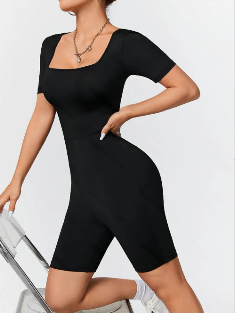 Women's Jumpsuit Suitable For All Seasons Slim Fit Simple Knit High Elasticity Square Neck Short Sleeved Top And Shorts Jumpsuit