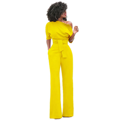 2024 Summer New Fashion Women's Jumpsuit Solid Color Slanted Shoulder Elegant Temperament Sleeveless Long Wide Leg Jumpsuit