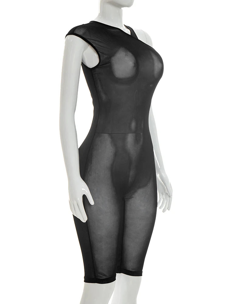 Weird Puss See Through Playsuits Women Solid Irregular Collar Skinny High Elasticity Sexy Midnight Hottie Summer Wild Romper