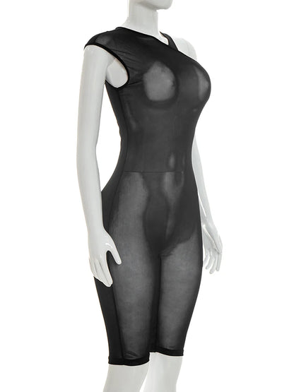 Weird Puss See Through Playsuits Women Solid Irregular Collar Skinny High Elasticity Sexy Midnight Hottie Summer Wild Romper
