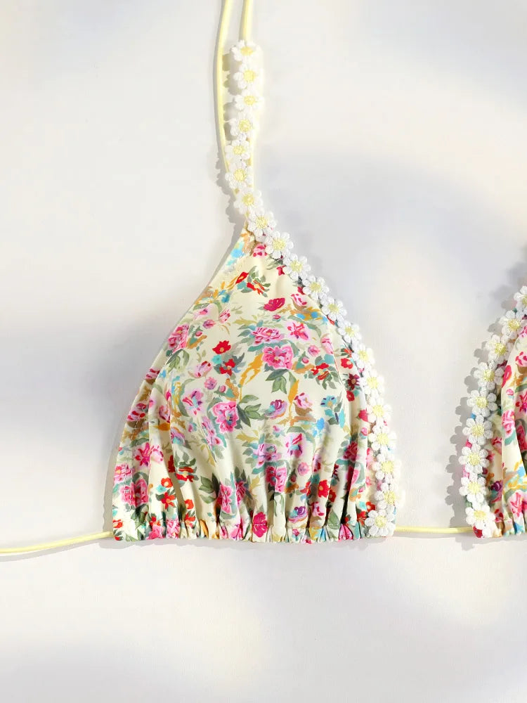 Floral Print Bordered Bikini Set Sexy Swimwear Women 2026 Bikinis Swimsuit Micro Thong Bandage Bathing Suits