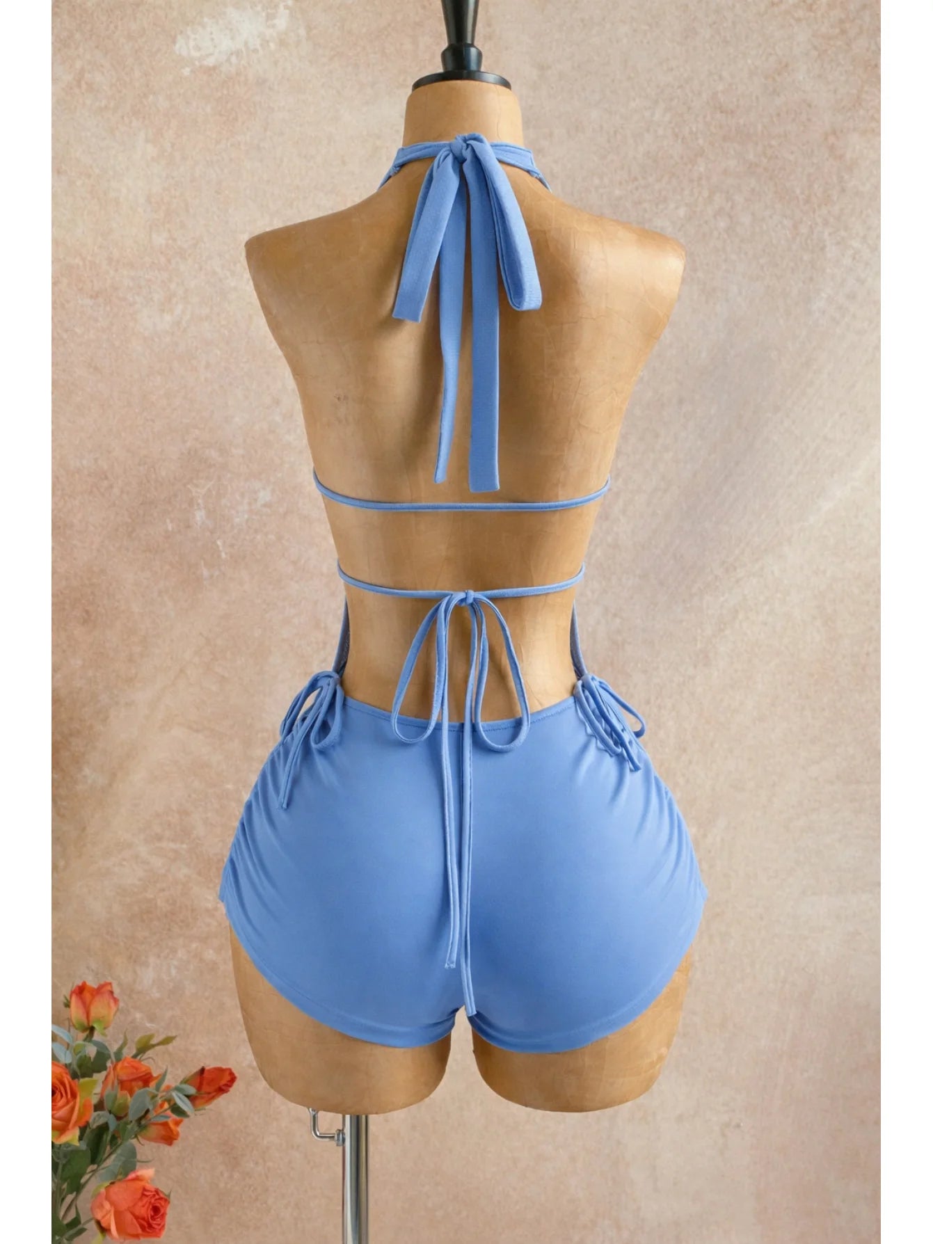 American-Style Spicy Girl Red One-Piece Jumpsuit, Halter Neck, Deep V, Backless, Tie-Waist, Slimming, Short Beach Vacation Jumpsuit