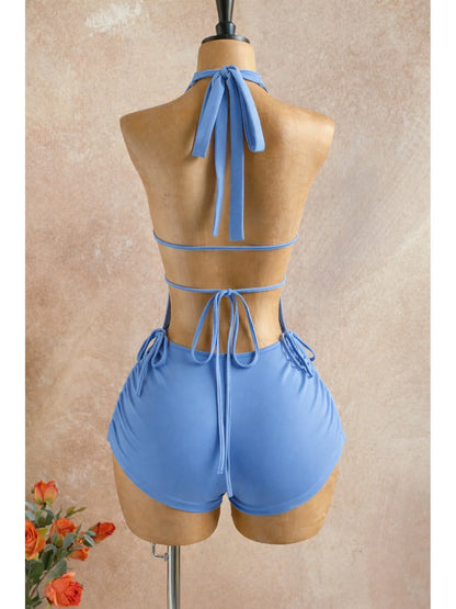 American-Style Spicy Girl Red One-Piece Jumpsuit, Halter Neck, Deep V, Backless, Tie-Waist, Slimming, Short Beach Vacation Jumpsuit