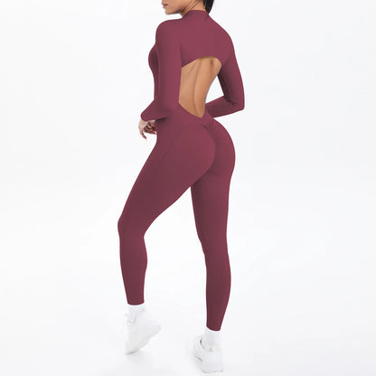 Solid Color Bodysuits for Woman's Backless Long Sleeved Zipper Yoga Jumpsuits High Dtrength Workout Sports Fitness Clothing Set