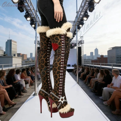 Y2K Style Leopard Over Knee High Heel Boots Ladies Faux Fur Heart Print Star Chain Peep Toe Lace‑Up Platform Stiletto Sexy Boots