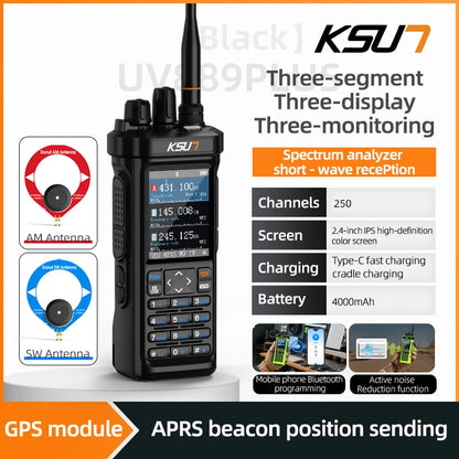 Long Range Walkie Talkie AM/FM/CB/LSB/USB/CW Receiver with GPS APRS 10W Bluetooth Phone Programming Ham Radio KSUN 889PLUS