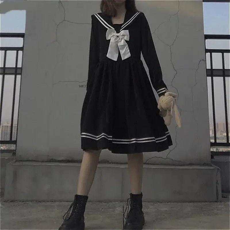 Bow splicing loose A-line fashionable knee length cute empire preparatory style Japanese full set black school uniform