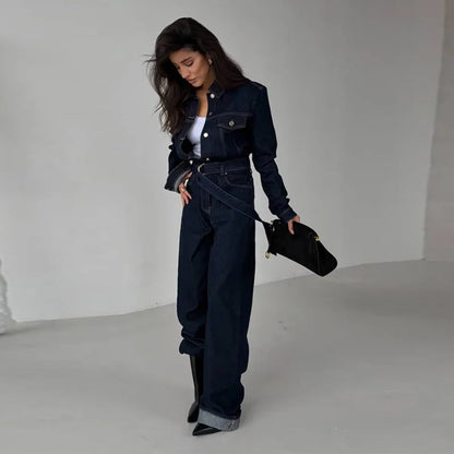 Chic Denim Women's Jumpsuit Turn-Down Collar Lace Up Full Sleeve Lady Long Jumpsuits 2026 Spring Casual Female Streetwear