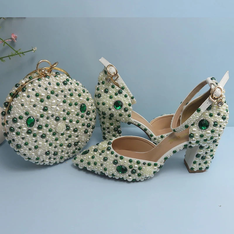BaoYaFang Green Pointed Toe Pearl Bridal Wedding Shoes and Bag Thin Heel Slingbacks Female Ladies Party Shoe Shallow Women Shoes