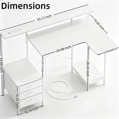 Ergonomic Computer Desk with Monitor Stand, RGB LED Gaming Desk, Featuring a Built-in Charging Station, Power Outlets, and USB Ports, Complete with Storage Drawers and a Fold-Out Side Table; Ideal for Home Offices and Gaming