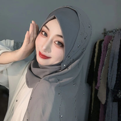 Malay Solid Chiffon Turban Head Scarf for Women, Irregular Rhinestone Hotfix Wrapped L-Edge Pull-On Scarf,Soft Muslim Hijab Wrap