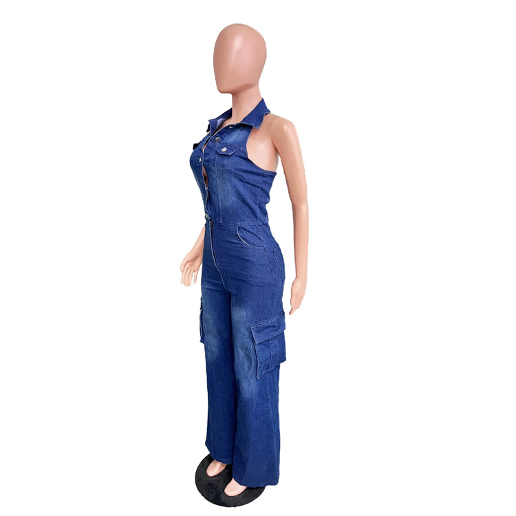 Jumpsuits Women Demin Overalls Sexy One Piece Long Pants High Waist Mom Jeans Halter Streetwear Rompers Summer Y2k Streetwear