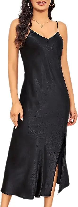 High-End Sleeveless Nightgown with High Side Slit Suggestive Long Split Nightwear Home Dress Multi-Color Options