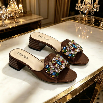Women Luxury Multicolor Rhinestone Blue Heel Mules Black Satin Open Toe Slip On Sandals Elegant Wedding Evening Party Designer