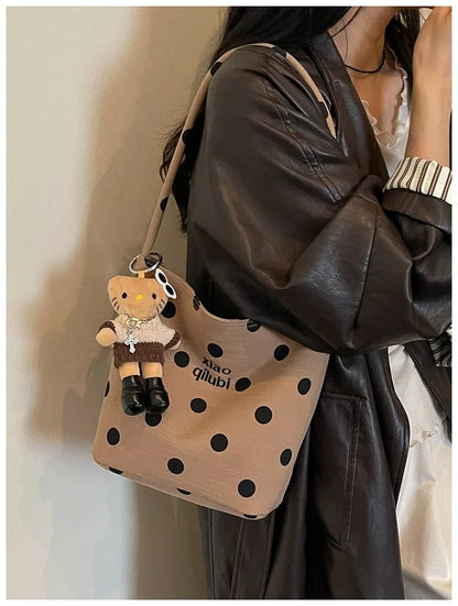 Korean Style Niche Linen Dot Shoulder Bag Women New Fashion Large Capacity Bucket Bag Casual Versatile Commuting Underarm Bag