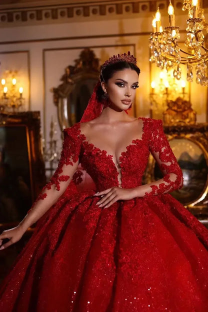 Customized Luxury Shiny Red Wedding Dress Dubai Gorgeous Lace Charming Elegant Bridal Robe Vestido De Noiva Long Sleeves