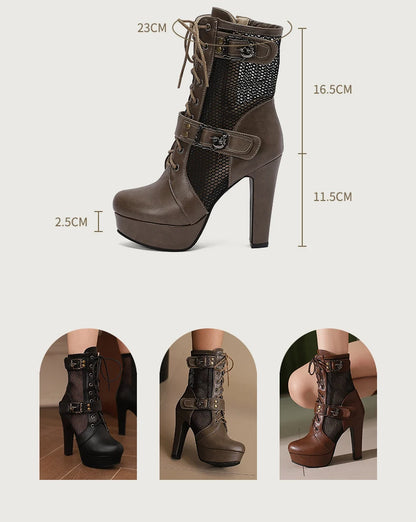 Plus Size Hollowed Out Mesh Patchwork PU Cross Tie Side Zipper Summer Cool Mid-Calf Boots Platform Ultra-High Thick Heel Boots