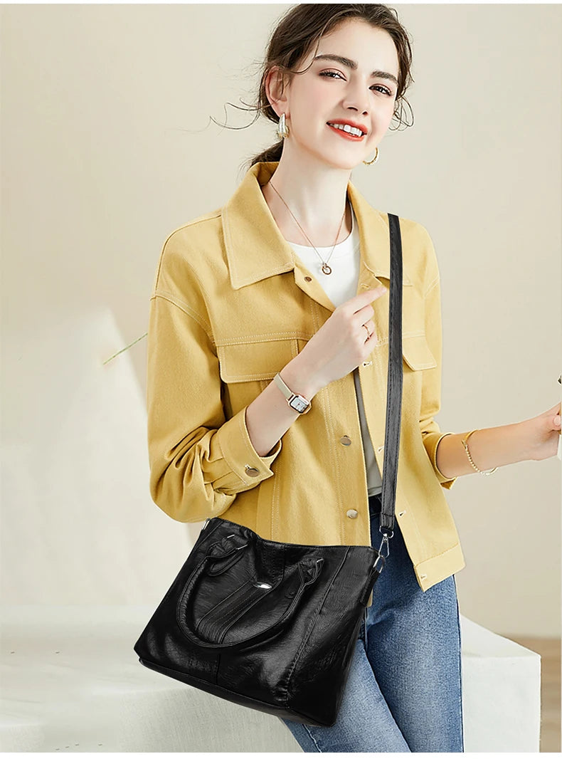 New Soft Leather Handbag For Women Vintage Shoulder Tote Bag Luxury Designer Ladies Large Capacity Purse Commute Bags Sac A Main