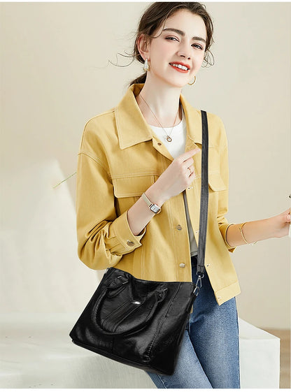 New Soft Leather Handbag For Women Vintage Shoulder Tote Bag Luxury Designer Ladies Large Capacity Purse Commute Bags Sac A Main