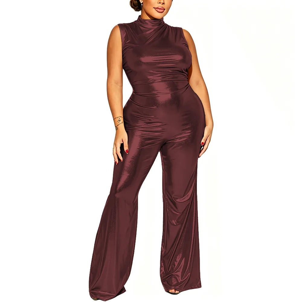 Plus Size Nightclub Wear Jumpsuit Shiny Metallic Sleeveless Women Elegant Jumpsuit Sexy Mock Neck Rompers Wide Leg Long Pants