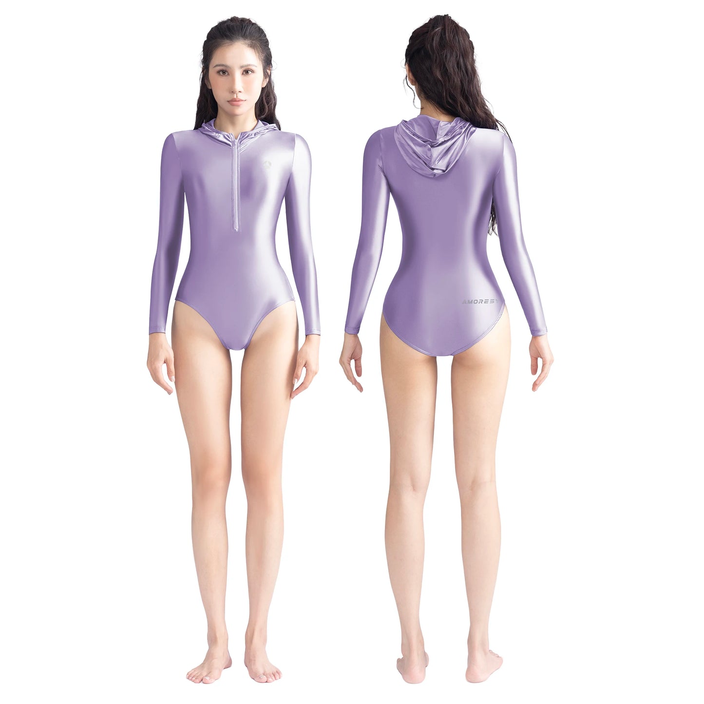 AMORESY Women's Long-sleeved Front Double Zipper Tight Hooded Swimsuit One-piece Swimwear Slimming Body-shaping Maillot Leotards