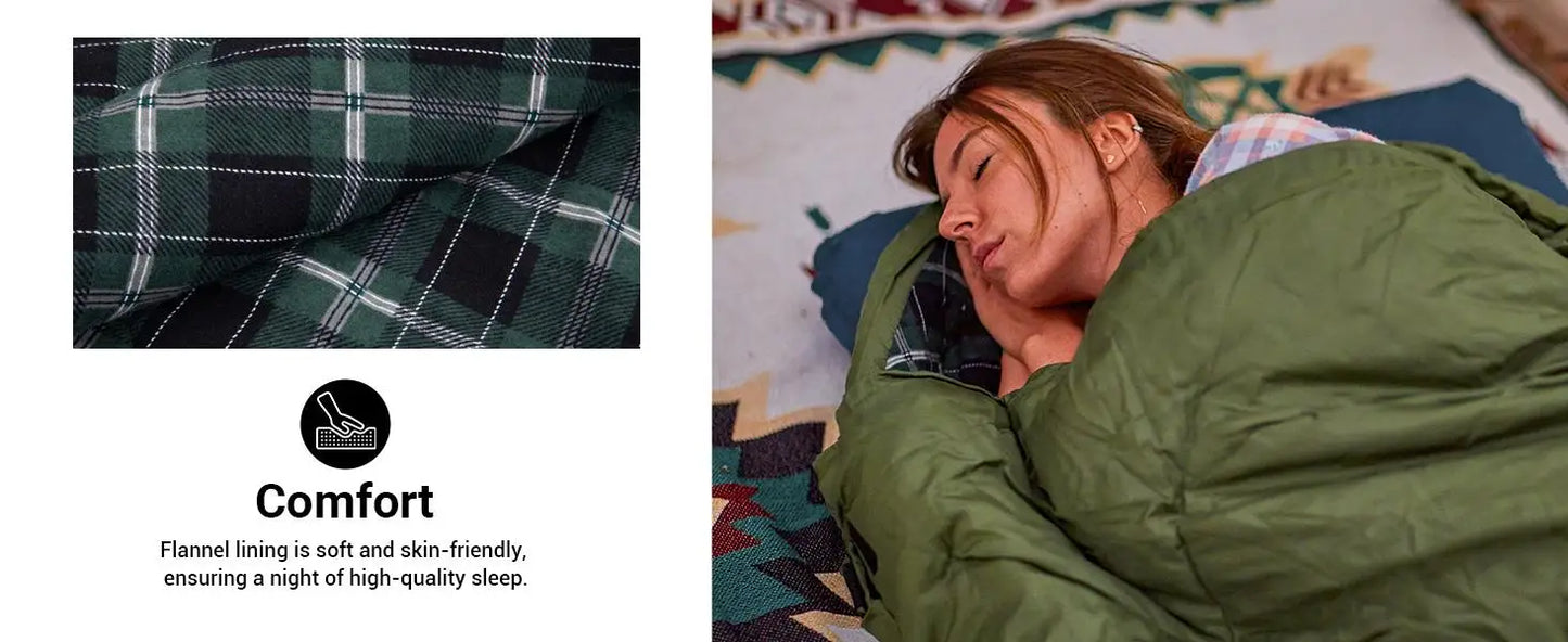 KingCamp Sleeping Bag for Adults, Cold Weather XL Big & Tall (74.8"x33.1" Fits 6.6ft), Cotton Flannel Lining & 300g/㎡ Hollow Fiber Fill (Comfort 44.6°F), Lightweight with Compression Sack, 2-Way Zipper for Couples, Outdoor