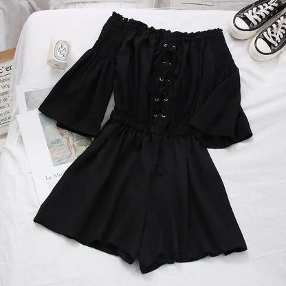 Women's Casual Summer Beach Romper Olive Green Off The Shoulder Lace Up Short Sleeve Elastic Waist Playsuit
