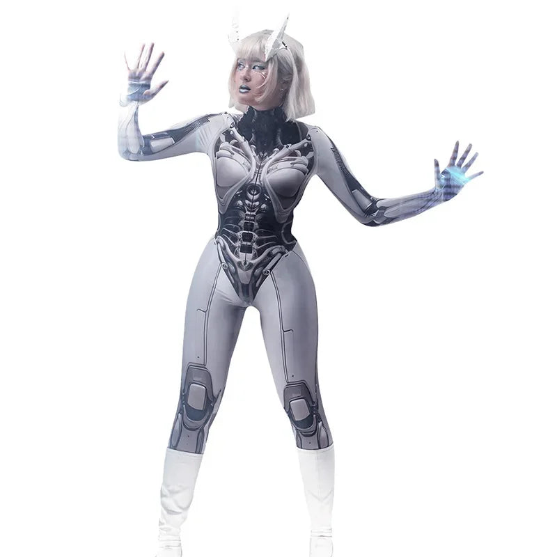 3D Printed Cosplay Bodycon Jumpsuits Y2k Techwear Long Sleeve Gothic Punk Playsuits Anime Women Mock Neck Zip Bodysuit