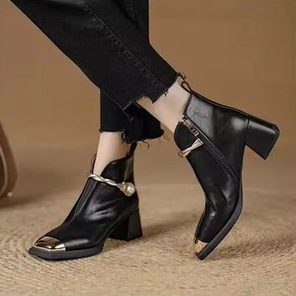 Designer Metal Decorat Thick High Heel Ankle Boots Wome Winter 2026 Warm Short Plush Black Short Boots Woman's Elegant Booties