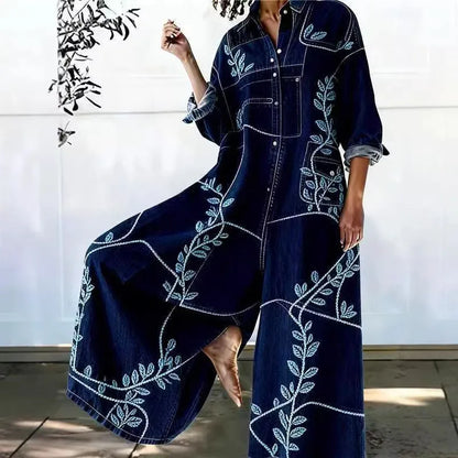 Red Heart Print Wide Leg Jumpsuits Woman Turn-down Collar Button Shirt Rompers Spring Long Sleeve Loose Imitation Denim Overalls