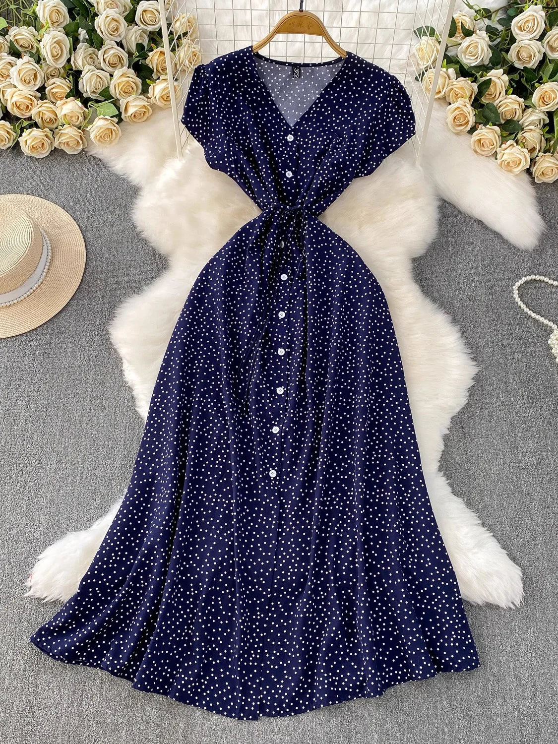 Summer Women Polka Dot Long Dress Vintage V-Neck Flying Sleeve High Waist Single Breasted A-Line Casual Vestidos Female Robe New