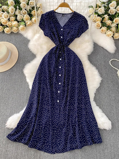 Summer Women Polka Dot Long Dress Vintage V-Neck Flying Sleeve High Waist Single Breasted A-Line Casual Vestidos Female Robe New